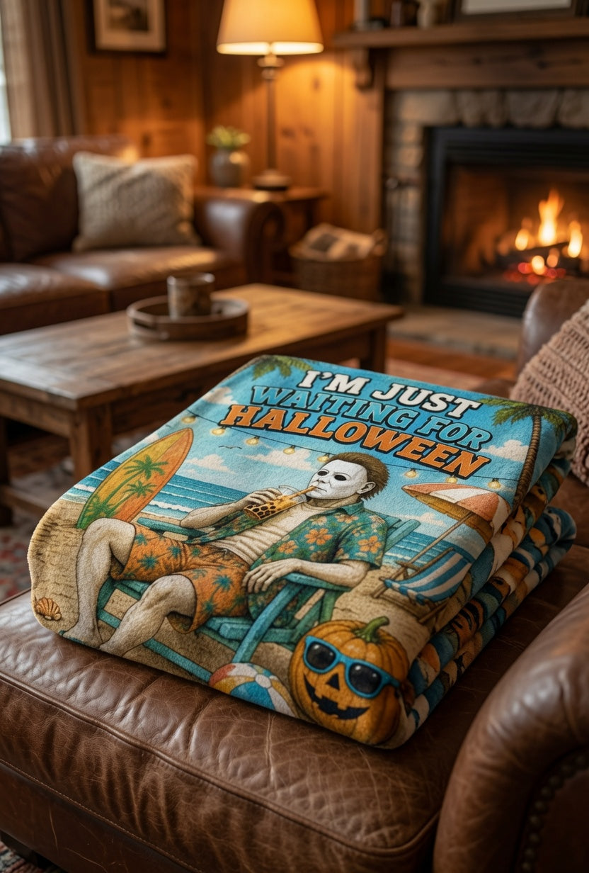 I'm Just Waiting For Halloween Velveteen Blanket, Summerween Fleece Blanket, Spooky Beach Decor, Halloween Lover Blanket, Tropical Halloween Porch Blanket
