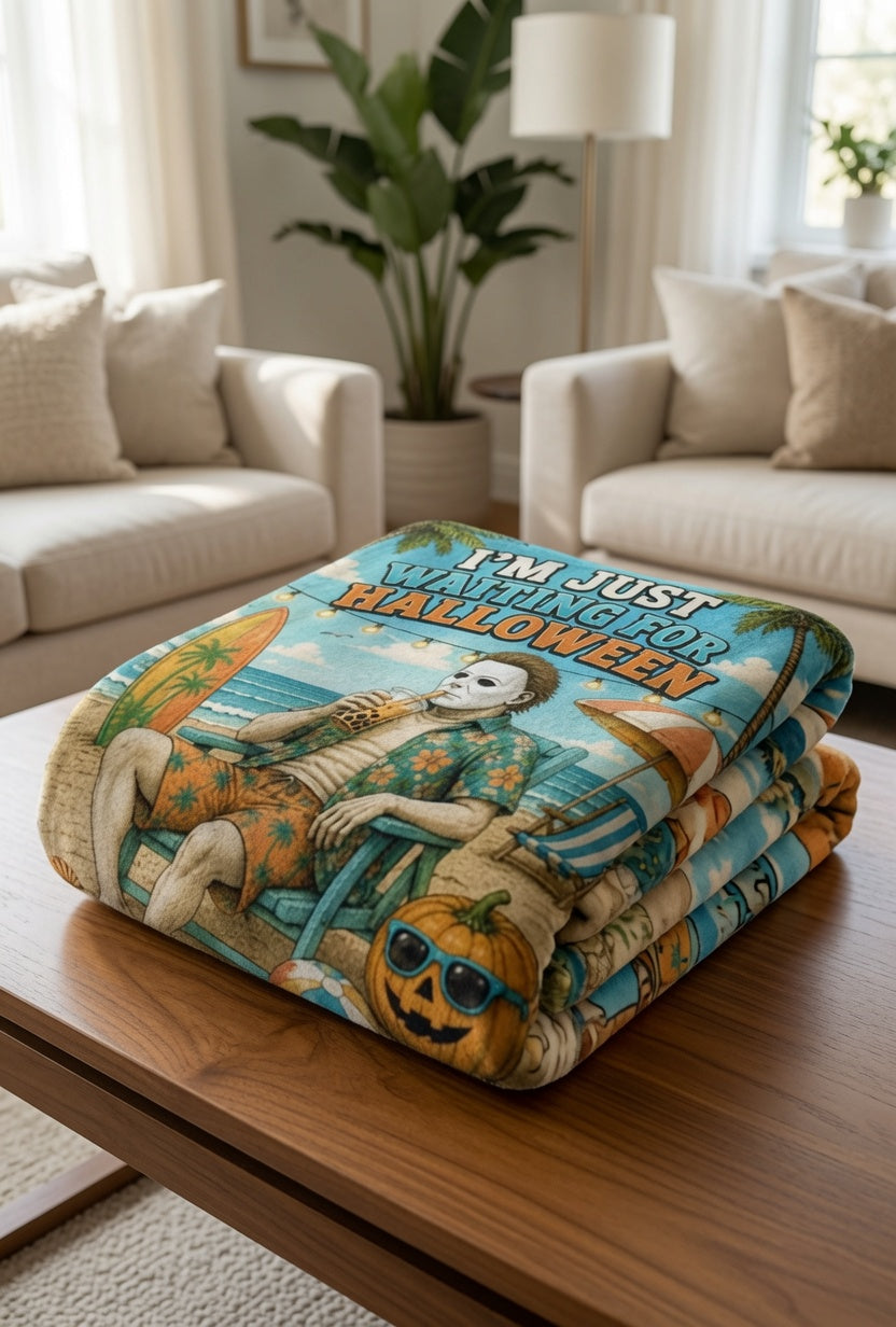 I'm Just Waiting For Halloween Velveteen Blanket, Summerween Fleece Blanket, Spooky Beach Decor, Halloween Lover Blanket, Tropical Halloween Porch Blanket