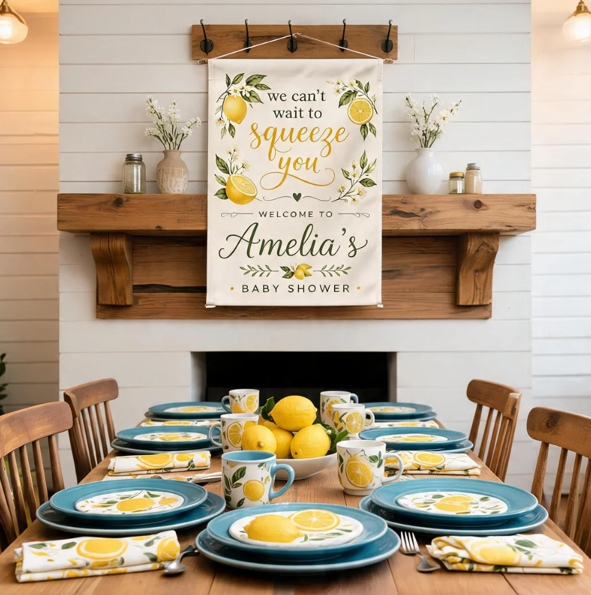 Personalized Lemon Baby Shower Garden Flag, We Can’t Wait To Squeeze You Welcome Sign, Custom Name Citrus Baby Shower Decor
