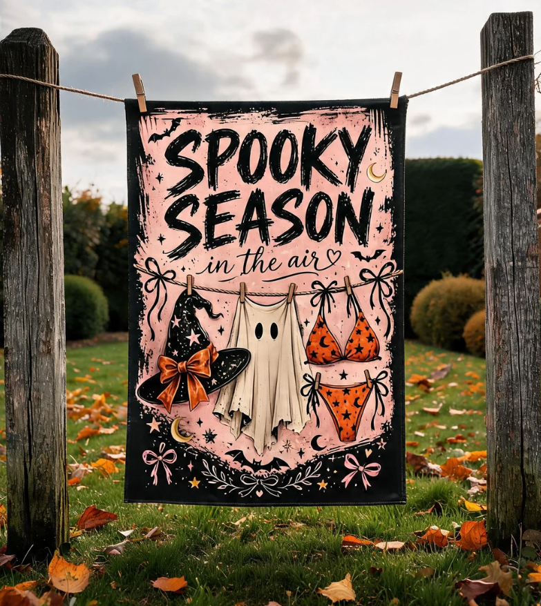 Spooky Halloween Garden Flag, Ghost Witch Hat Yard Decor, Pink Fall Porch Flag Halloween Banner