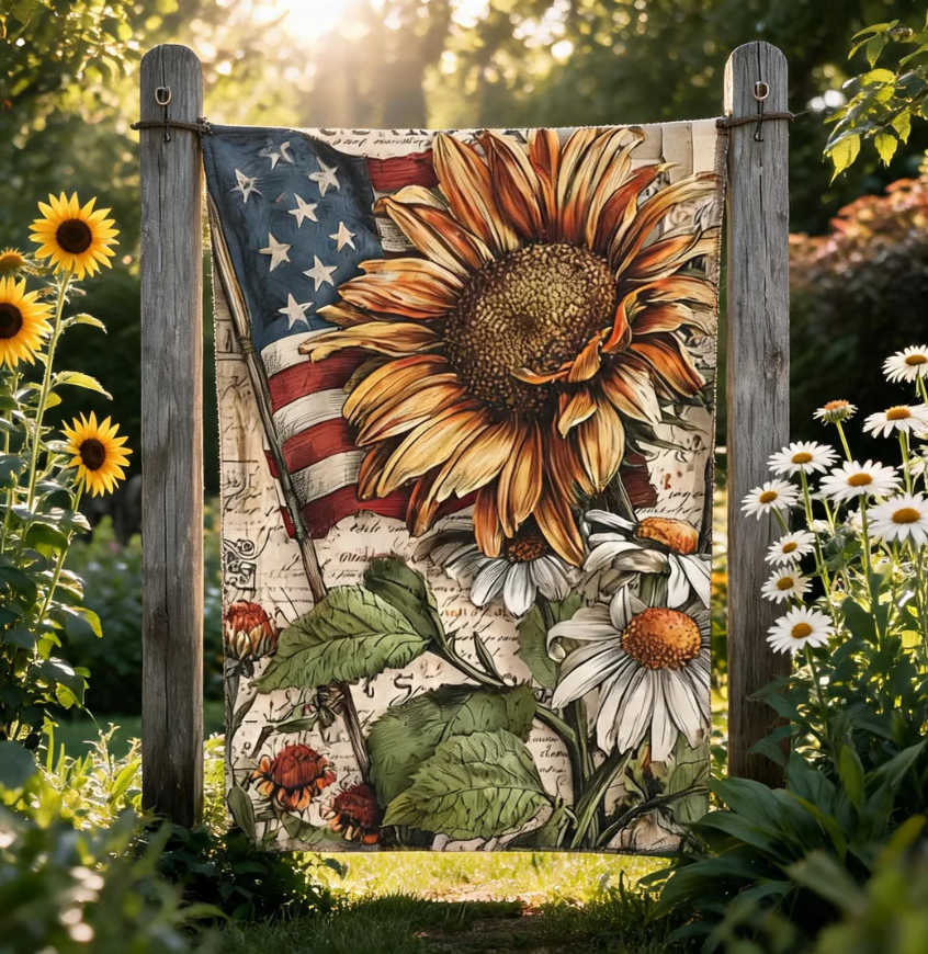 Sunflower and American Flag Garden Flag | House Banner, Patriotic Floral Decor
