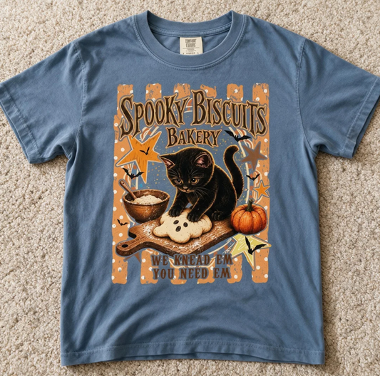Comfort Colors Black Cat Baking Halloween Shirt Blue Jean Color Size L