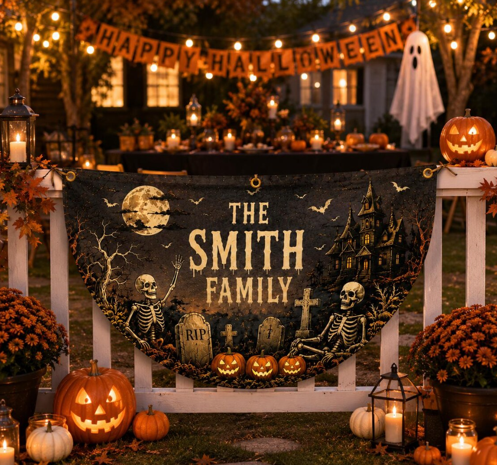 Personalized Family Name Halloween Half Round Garden Flag
