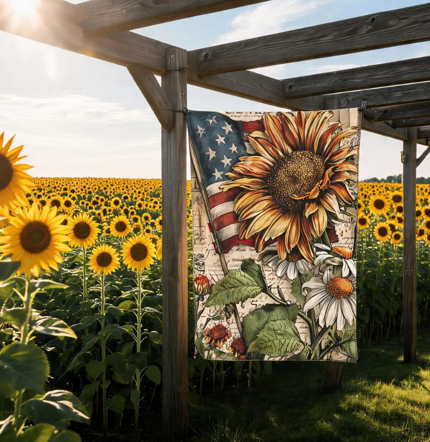 Sunflower and American Flag Garden Flag | House Banner, Patriotic Floral Decor