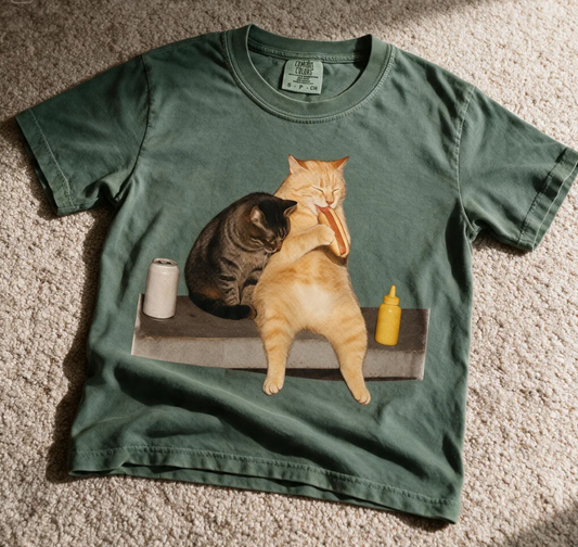 Comfort Color Cat Eating Hot Dog Shirt Moss Color Size S