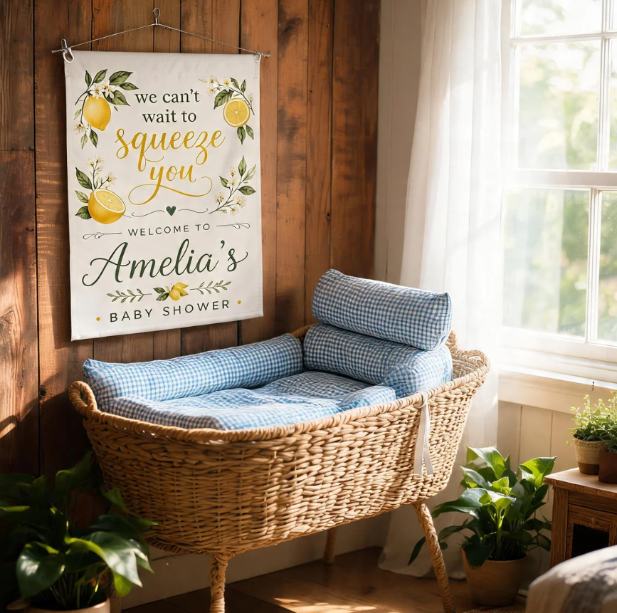 Personalized Lemon Baby Shower Garden Flag, We Can’t Wait To Squeeze You Welcome Sign, Custom Name Citrus Baby Shower Decor