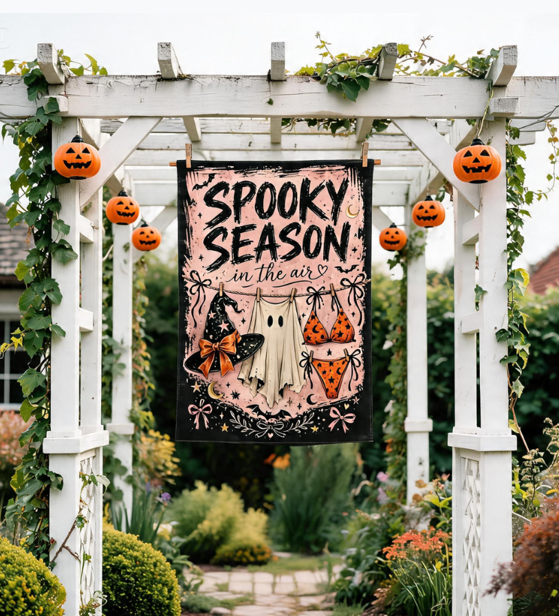 Spooky Halloween Garden Flag, Ghost Witch Hat Yard Decor, Pink Fall Porch Flag Halloween Banner
