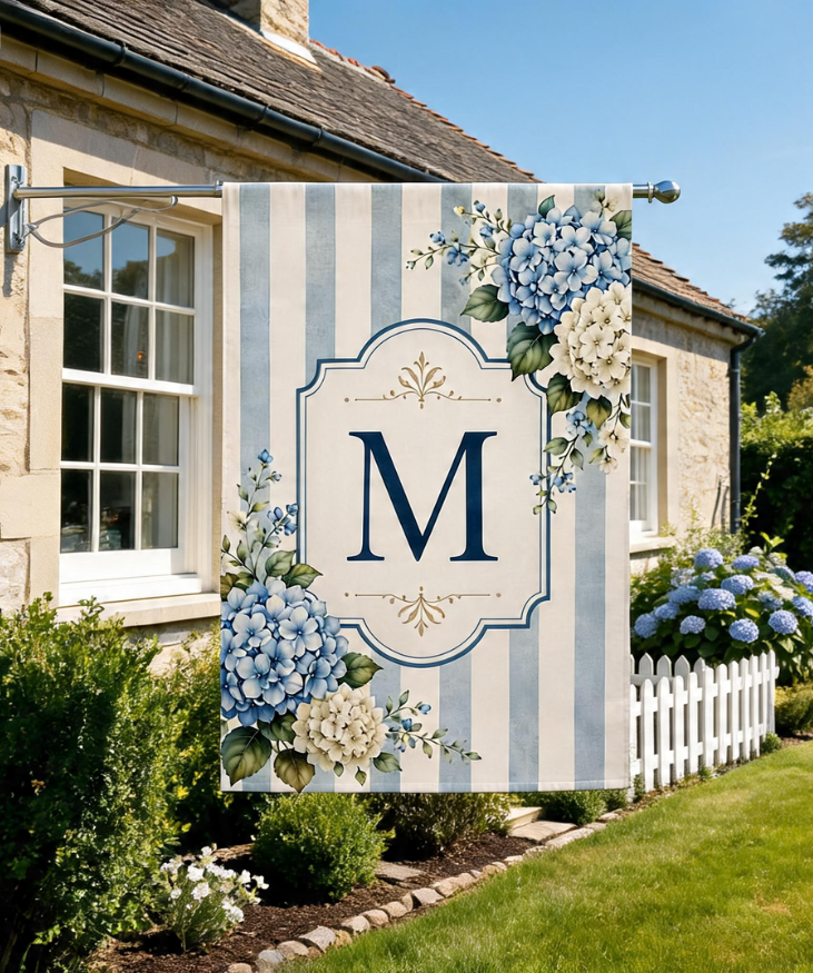 Custom Name Garden Flag, Blue Striped Monogram Yard Sign, Personalized Outdoor Porch Decor