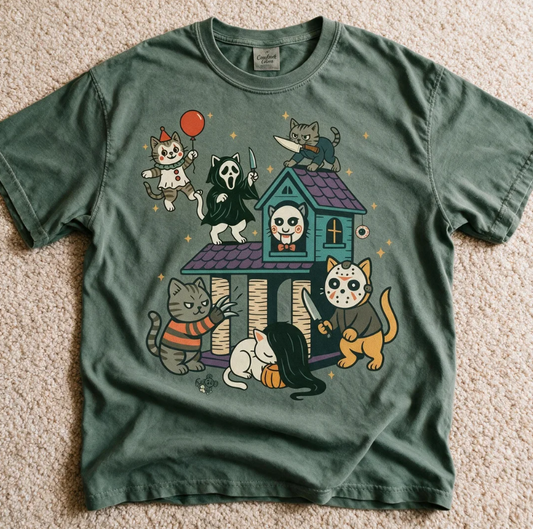Comfort Colors Horror Cats On The Tree Shirt Moss Color Size L