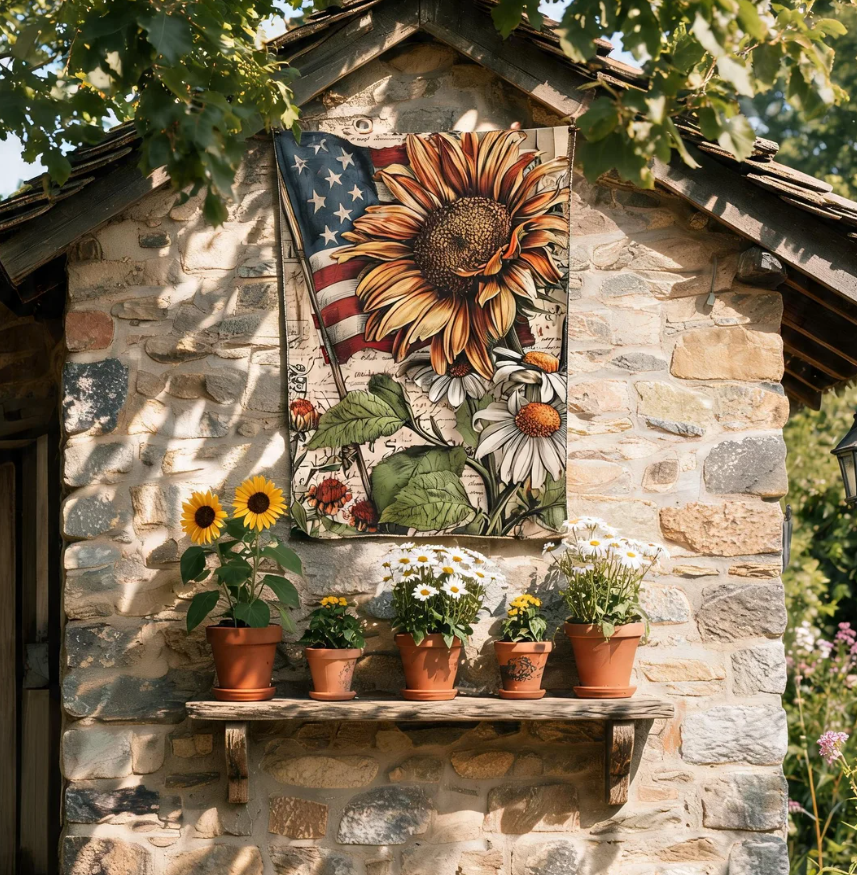 Sunflower and American Flag Garden Flag | House Banner, Patriotic Floral Decor