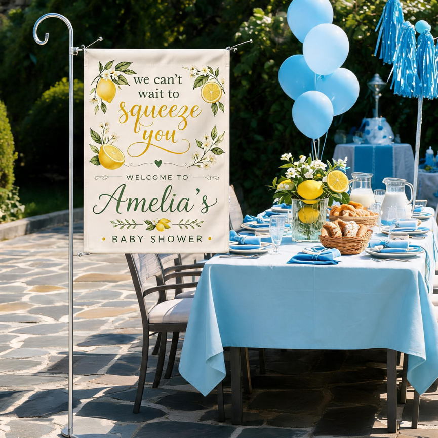 Personalized Lemon Baby Shower Garden Flag, We Can’t Wait To Squeeze You Welcome Sign, Custom Name Citrus Baby Shower Decor