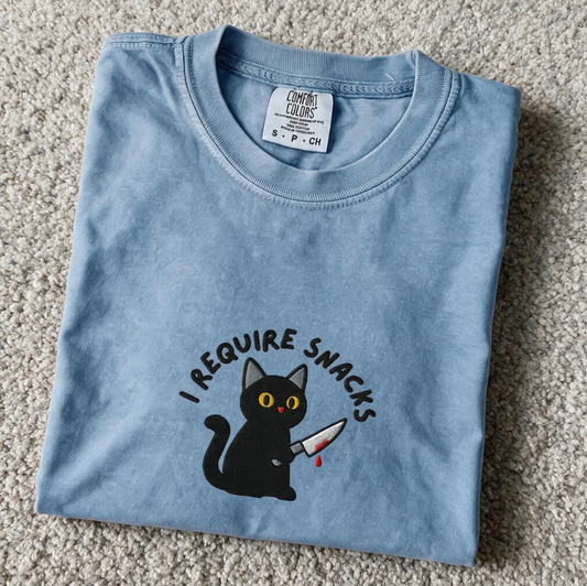 Comfort Color I Require Snacks Cat Shirt Blue Jean Color Size S