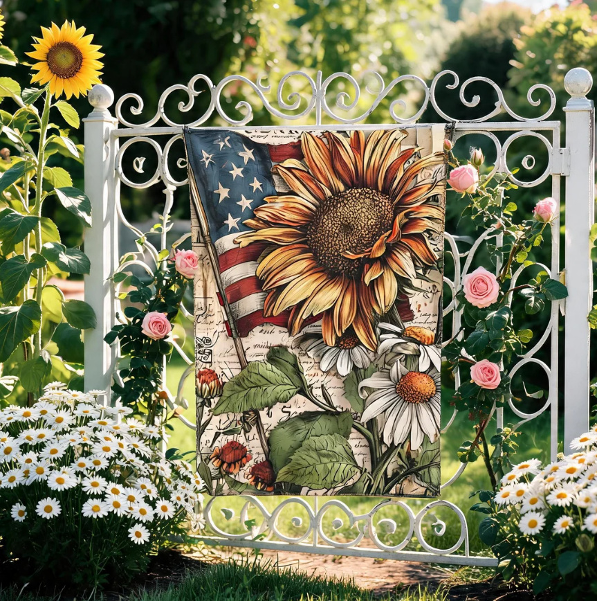 Sunflower and American Flag Garden Flag | House Banner, Patriotic Floral Decor