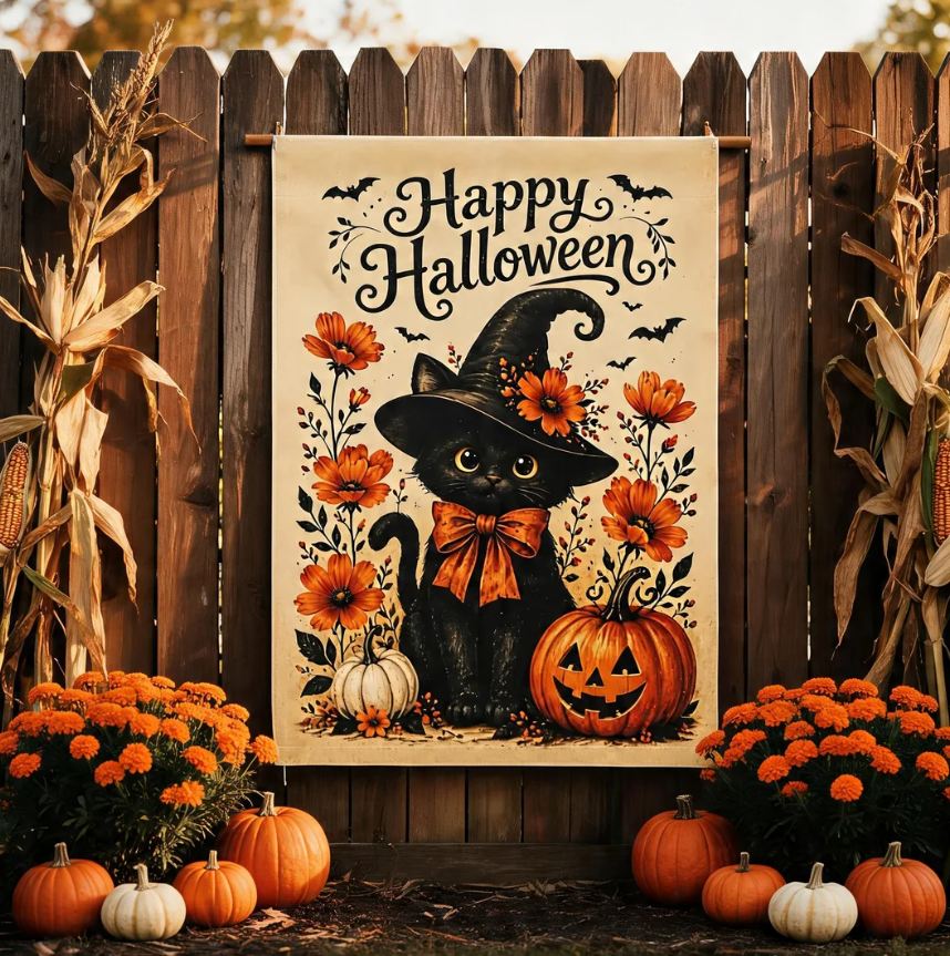 Black Cat Witch Halloween Garden Flag, Whimsical Autumn Porch Decor