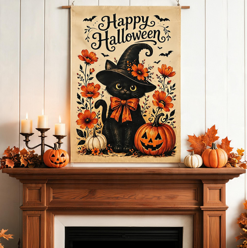 Black Cat Witch Halloween Garden Flag, Whimsical Autumn Porch Decor