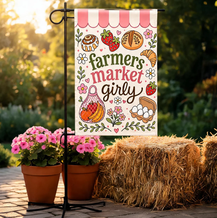 Cute Farmers Market Girly Garden Flag, Pink Cottagecore Garden Flag, Pink Summer Yard Flag, Local Foodie Girl Gift For Her