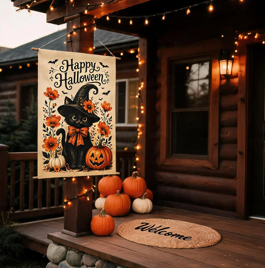 Black Cat Witch Halloween Garden Flag, Whimsical Autumn Porch Decor