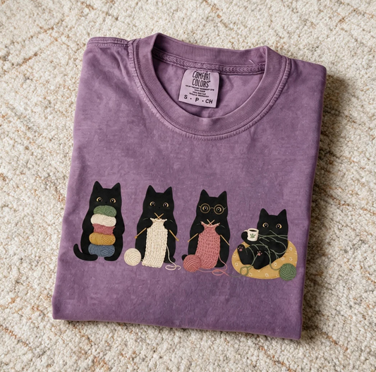 Comfort Color Black Cats Knitting Shirt Berry Color Size S