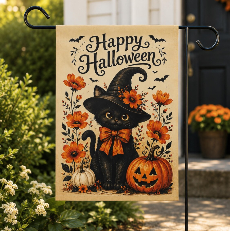 Black Cat Witch Halloween Garden Flag, Whimsical Autumn Porch Decor