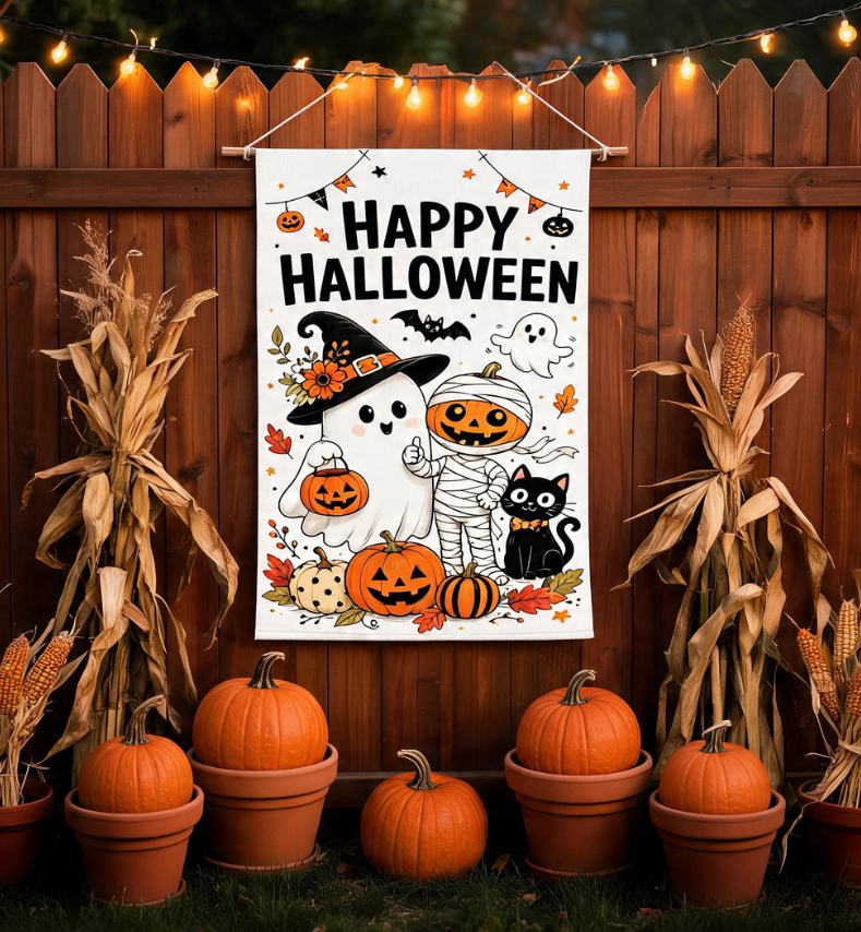 Happy Halloween Garden Flag With Cute Ghost, Pumpkin And Black Cat Yard Decor, Spooky Fall Party Outdoor Flag Gift For Porch Lawn