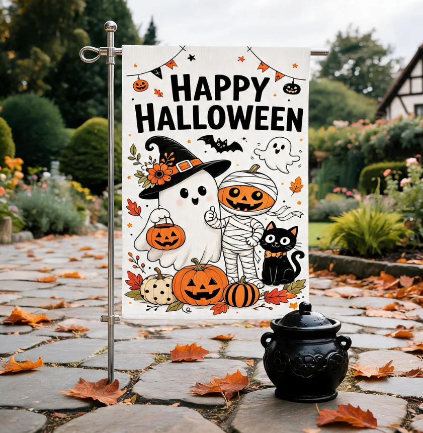 Happy Halloween Garden Flag With Cute Ghost, Pumpkin And Black Cat Yard Decor, Spooky Fall Party Outdoor Flag Gift For Porch Lawn