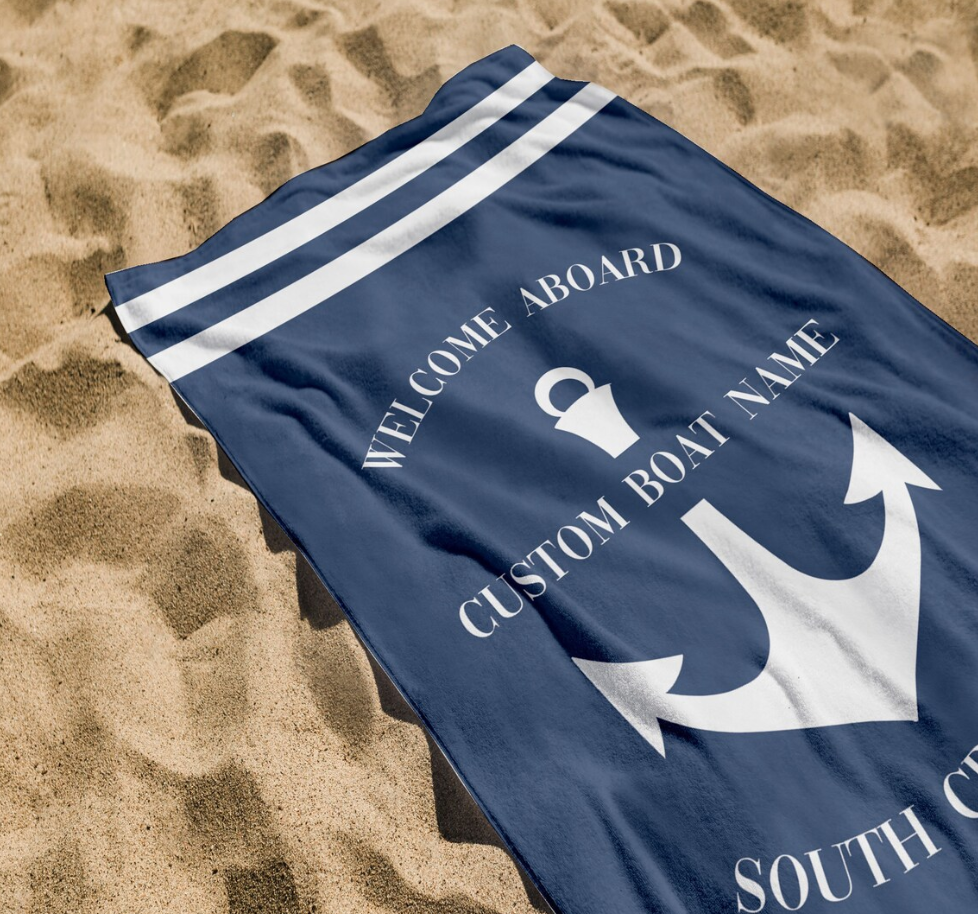 Personalized Anchor Nautical Beach Towel, Custom Boat Yatcht Gift for Mom/Dad, Unique Name Pool Towel, Sailing Design Text Towel for Sailor