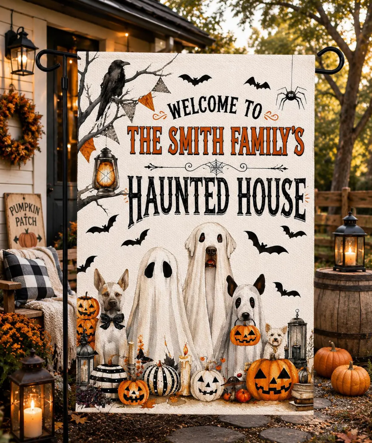 Personalized Haunted House Garden Flag, Custom Family Name Halloween Flag