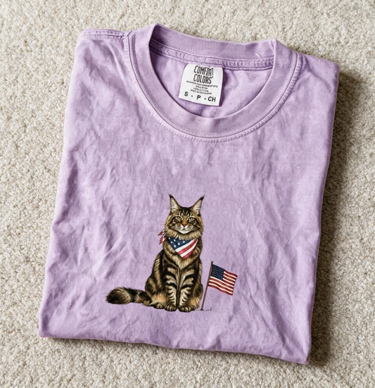 Comfort Color Maine Coon American Flag Shirt Violet Color Size L