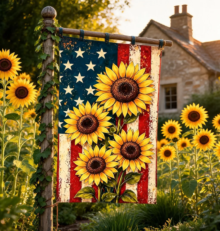 Patriotic Sunflower Garden Flag, Rustic American Farmhouse Decor