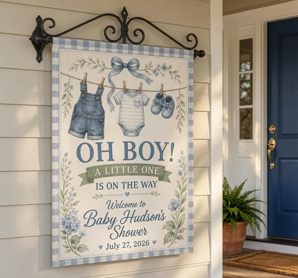 Baby Boy Shower Garden Flag Personalized Welcome Banner, Blue Baby Clothes Theme Yard Decor