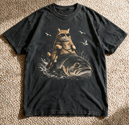 Comfort Color Cat Riding Fish T-Shirt Pepper Color Size M
