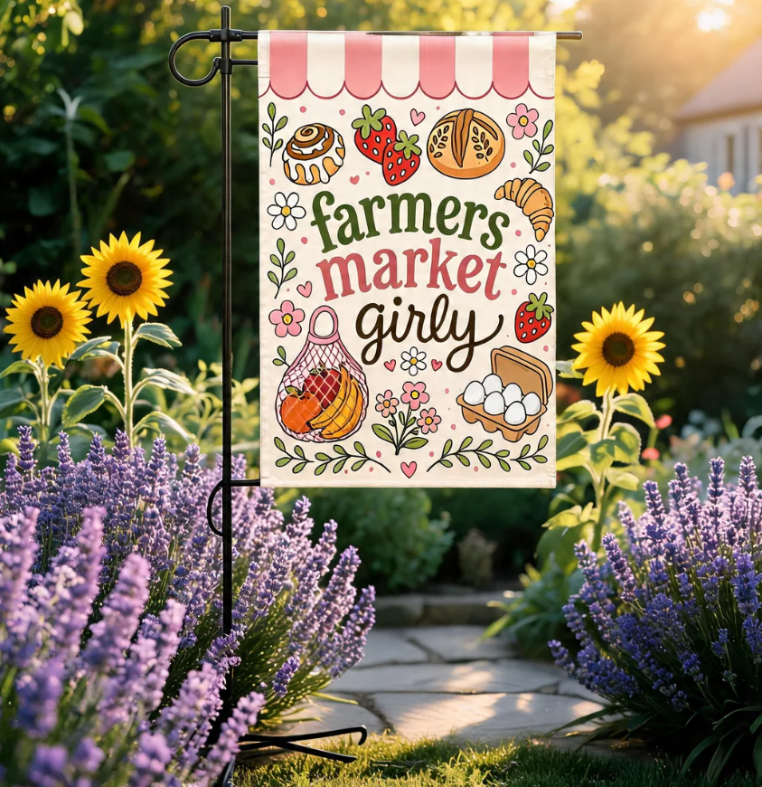 Cute Farmers Market Girly Garden Flag, Pink Cottagecore Garden Flag, Pink Summer Yard Flag, Local Foodie Girl Gift For Her
