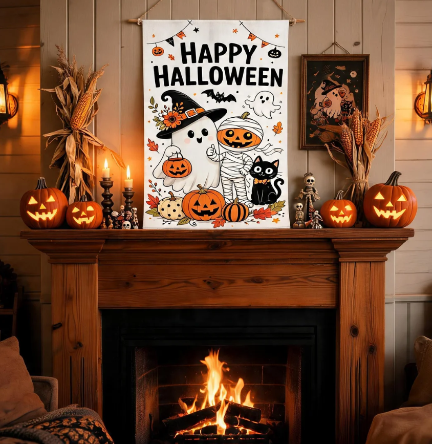 Happy Halloween Garden Flag With Cute Ghost, Pumpkin And Black Cat Yard Decor, Spooky Fall Party Outdoor Flag Gift For Porch Lawn