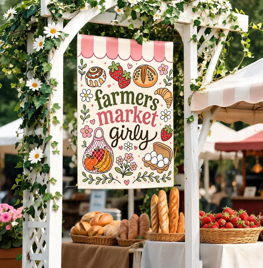 Cute Farmers Market Girly Garden Flag, Pink Cottagecore Garden Flag, Pink Summer Yard Flag, Local Foodie Girl Gift For Her