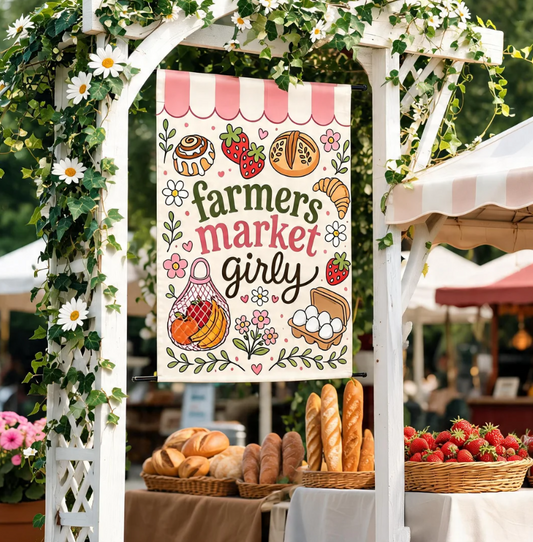 Cute Farmers Market Girly Garden Flag, Pink Cottagecore Garden Flag, Pink Summer Yard Flag, Local Foodie Girl Gift For Her