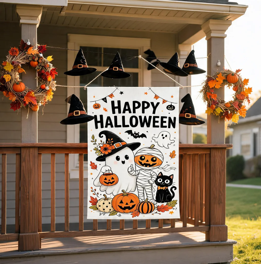 Happy Halloween Garden Flag With Cute Ghost, Pumpkin And Black Cat Yard Decor, Spooky Fall Party Outdoor Flag Gift For Porch Lawn