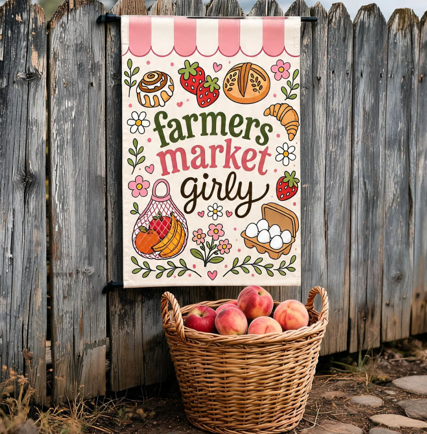 Cute Farmers Market Girly Garden Flag, Pink Cottagecore Garden Flag, Pink Summer Yard Flag, Local Foodie Girl Gift For Her