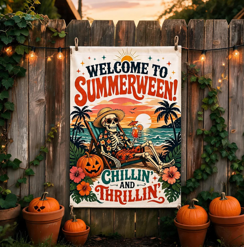 Summerween Garden Flag, Skeleton Halloween Beach Flag, Tropical Halloween Decor, Spooky Summer Yard Flag, Pumpkin Flag