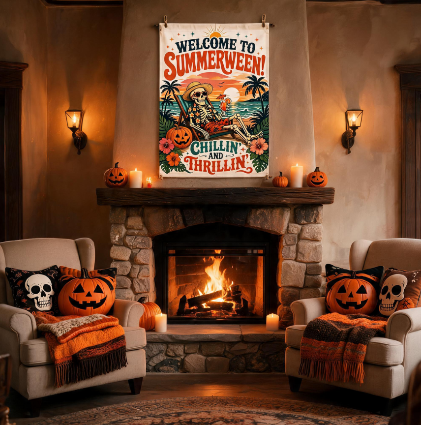 Summerween Garden Flag, Skeleton Halloween Beach Flag, Tropical Halloween Decor, Spooky Summer Yard Flag, Pumpkin Flag