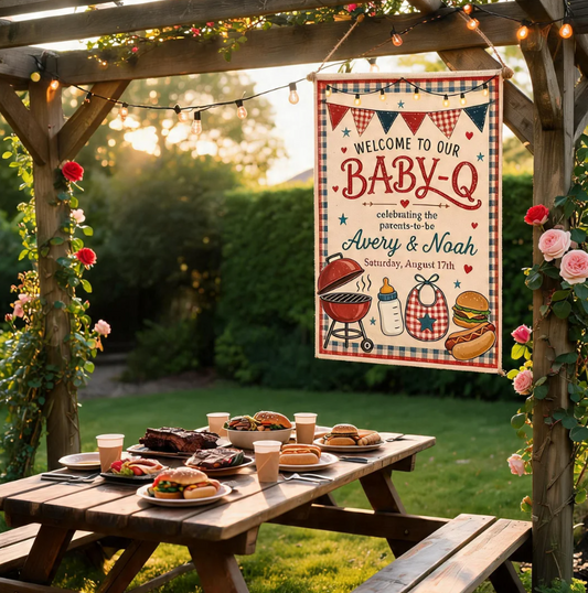 Personalized Baby Q Garden Flag, BBQ Baby Shower Welcome Banner, Parents To Be Party Decor Outdoor Flag