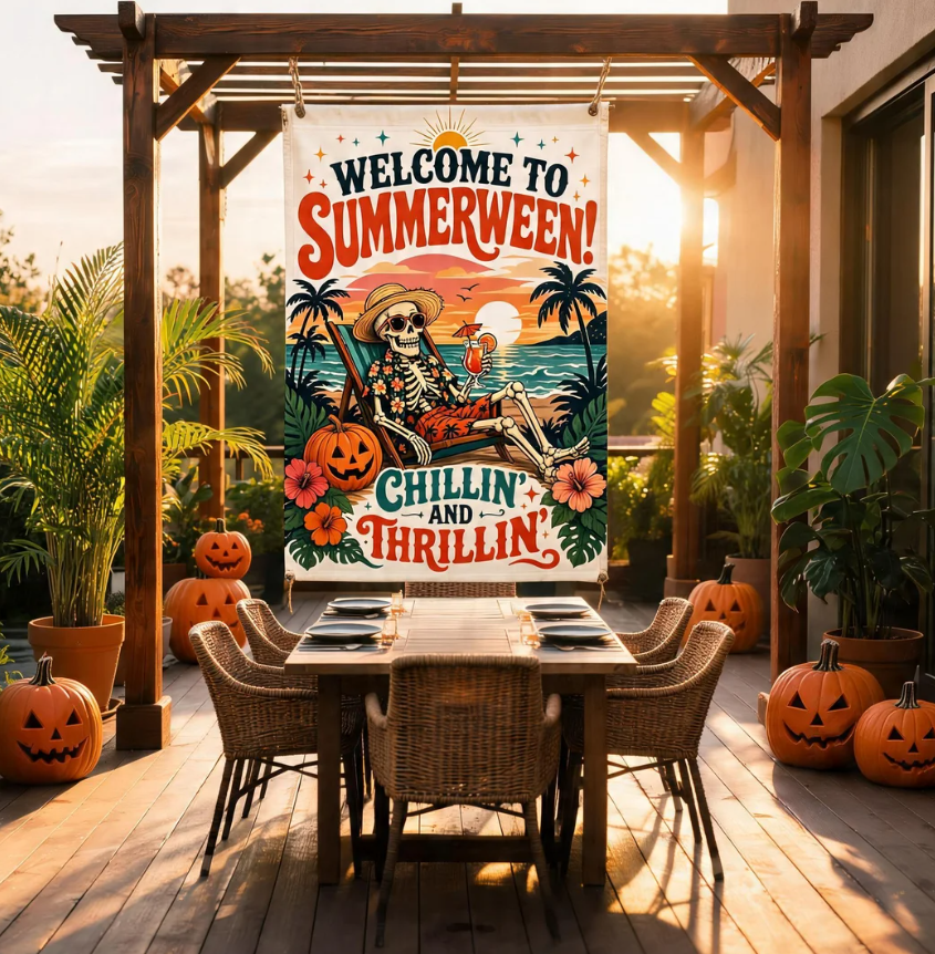 Summerween Garden Flag, Skeleton Halloween Beach Flag, Tropical Halloween Decor, Spooky Summer Yard Flag, Pumpkin Flag