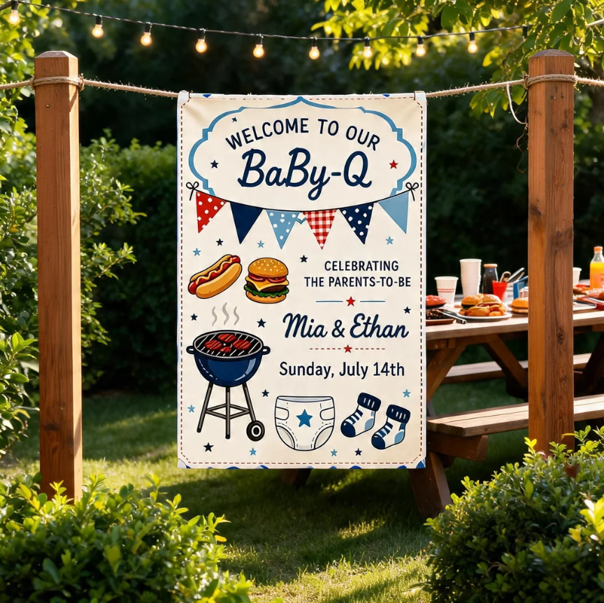 Personalized Baby Shower Garden Flag BBQ Welcome to Our Baby-Q Boy Yard Flag Outdoor Decor