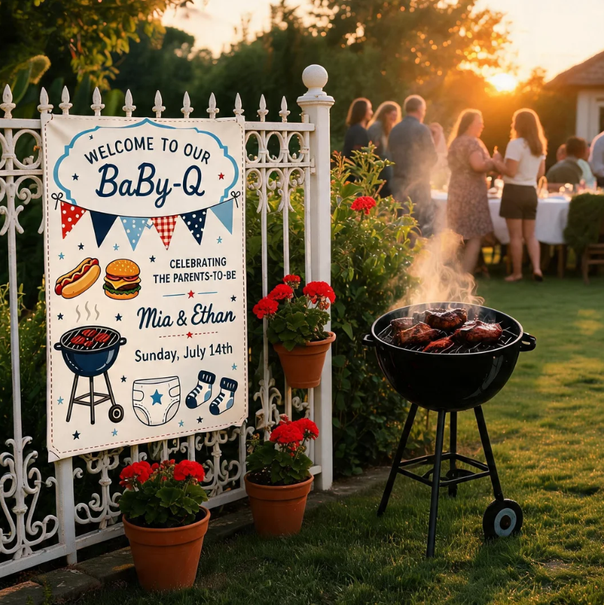 Personalized Baby Shower Garden Flag BBQ Welcome to Our Baby-Q Boy Yard Flag Outdoor Decor