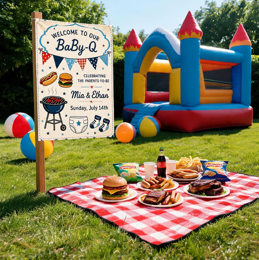 Personalized Baby Shower Garden Flag BBQ Welcome to Our Baby-Q Boy Yard Flag Outdoor Decor