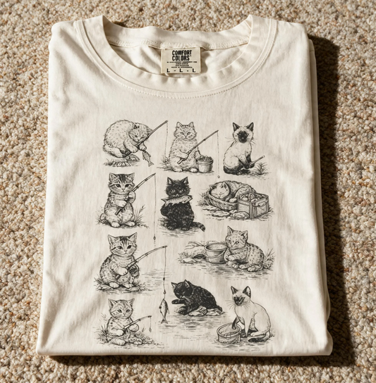 Comfort Color Cat Fishing T-Shirt Ivory Color Size L