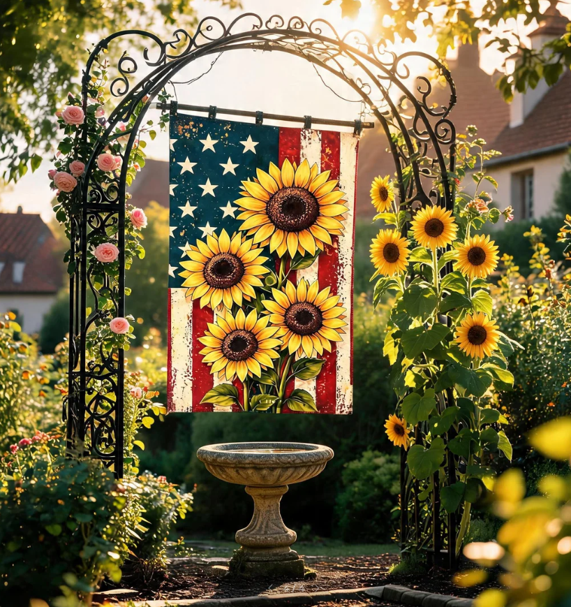 Patriotic Sunflower Garden Flag, Rustic American Farmhouse Decor