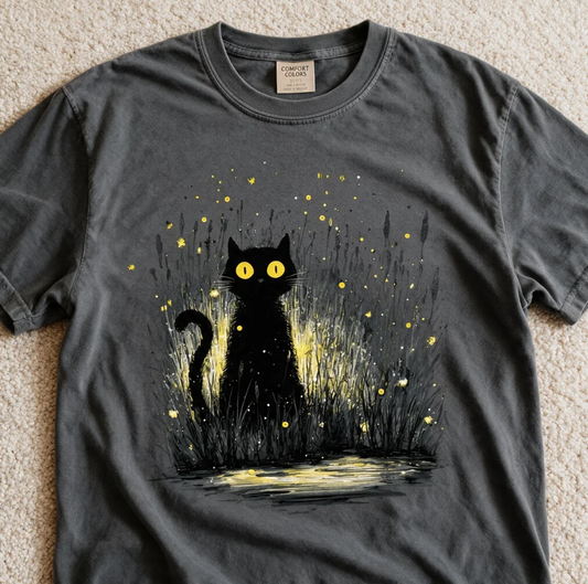 Comfort Colors Ethereal Firefly Cat T-Shirt Pepper Color Size L