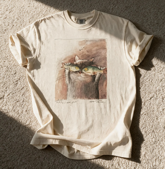 Comfort Color Cat&Fish Graphictee T-Shirt Cream Color Size S