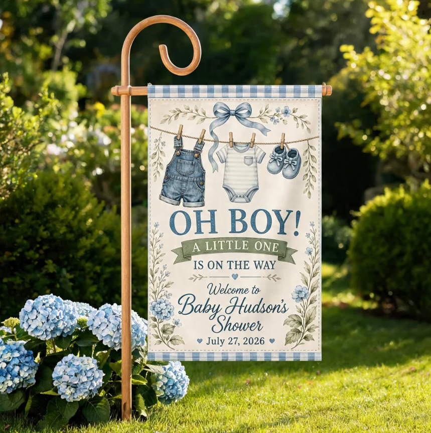 Baby Boy Shower Garden Flag Personalized Welcome Banner, Blue Baby Clothes Theme Yard Decor