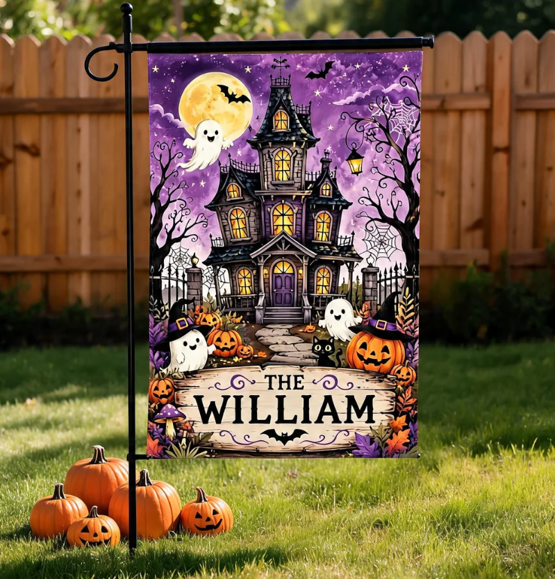 Personalized Halloween Haunted House Garden Flag, Custom Family Name Yard Flag